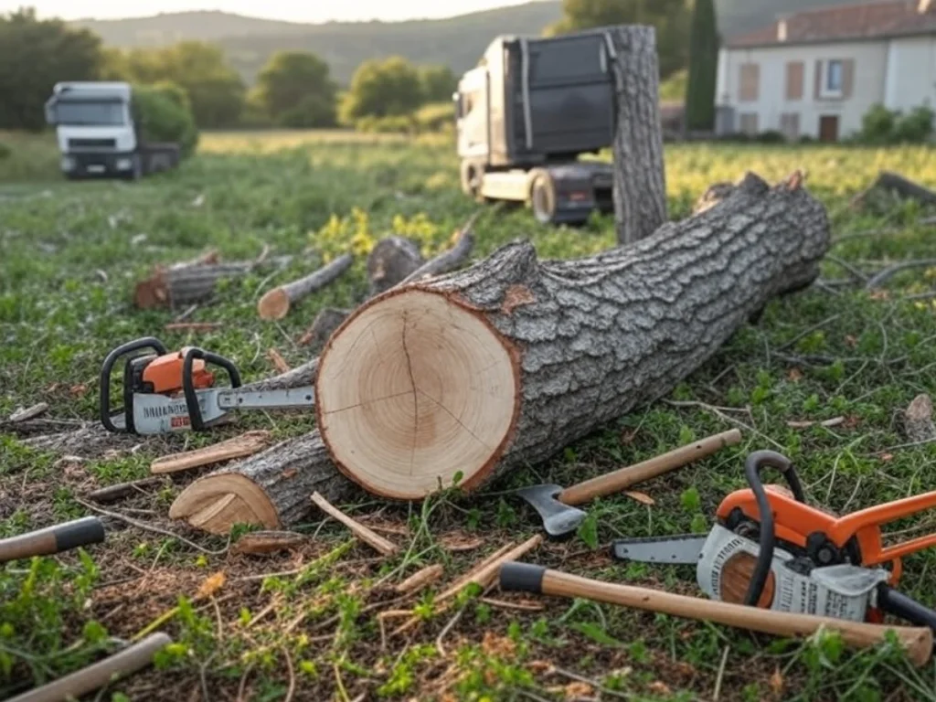 Un arbre tombé après un abattage à Aubagne, avec des outils professionnels visibles au sol - Artisan Paysagiste Aubagne (13).