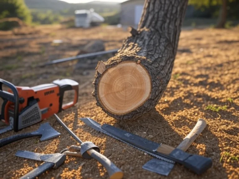 Un arbre tombé après un abattage à Aubagne, avec des outils professionnels au sol et un camion en arrière-plan - Artisan Paysagiste Aubagne (13).