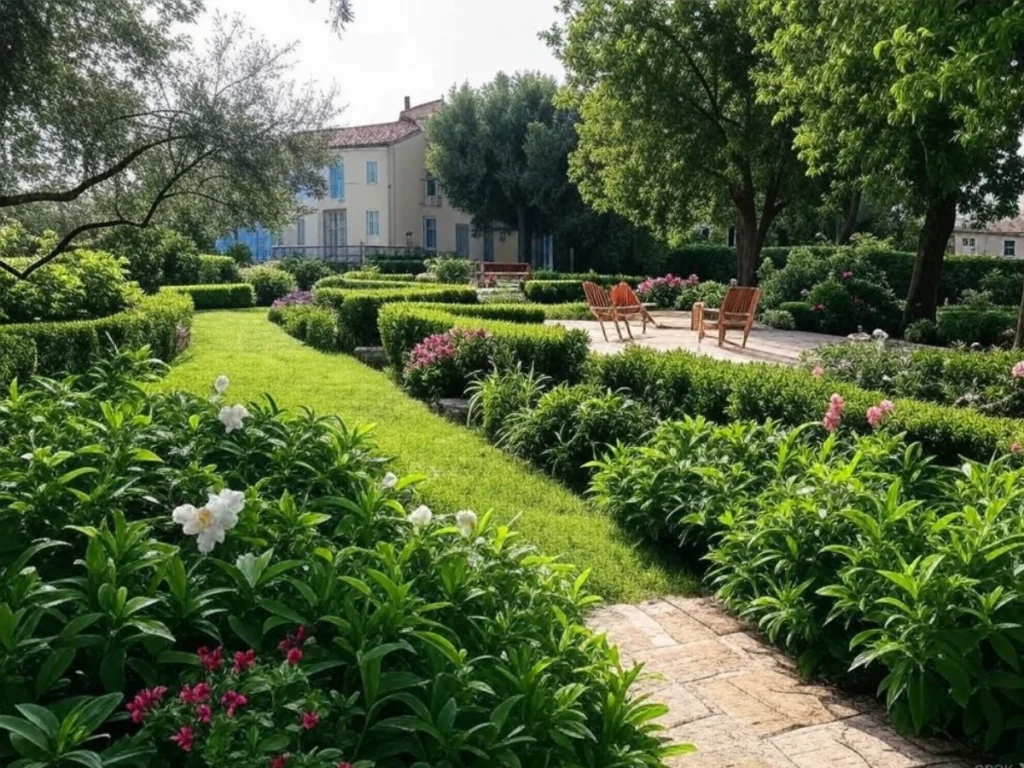 Magnifique jardin avec chaises en bois, allée fleurie, gazon soigné et maison provençale - Artisan Paysagiste Aubagne (13)