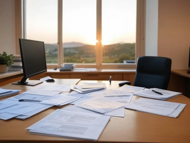 Image d'un ordinateur portable avec factures sur une table, sous un coucher de soleil, représentant le service de crédit d'impôt à Aubagne - Artisan du Paysage Aubagne (13).