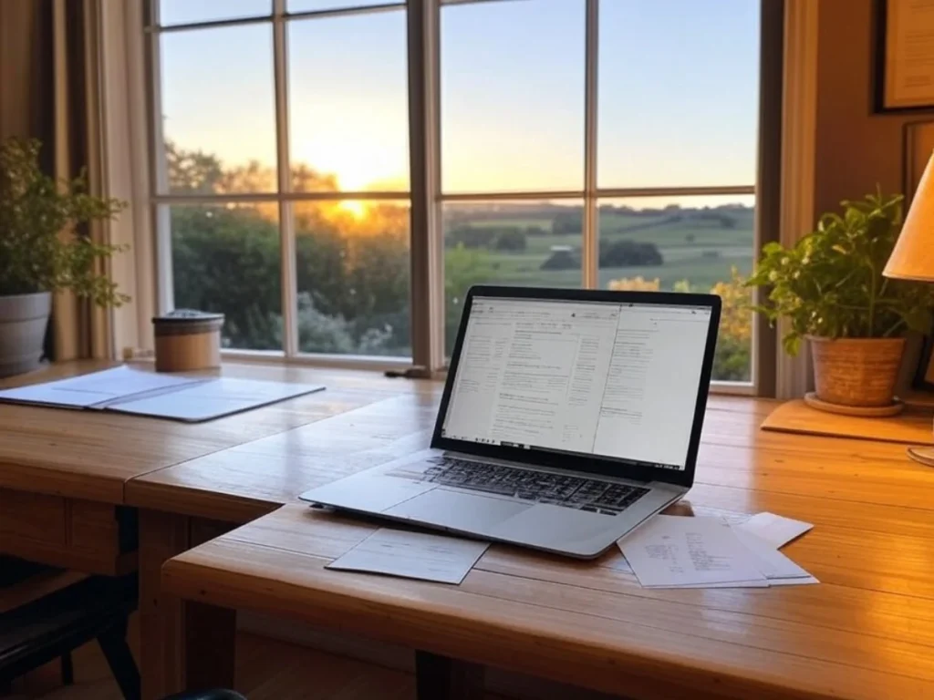 Ordinateur portable avec factures et coucher de soleil : Illustration du service de Crédit d'Impôt pour le jardinage à Aubagne - Artisan du Paysage Aubagne (13).