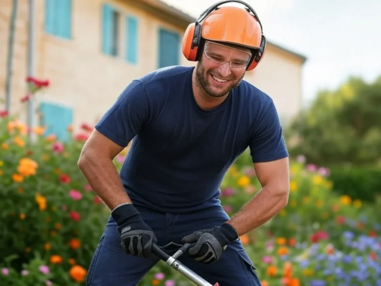 Artisan souriant effectuant un débroussaillage professionnel avec casque et protections - Service de débroussaillage par Artisan du Paysage Aubagne (13).