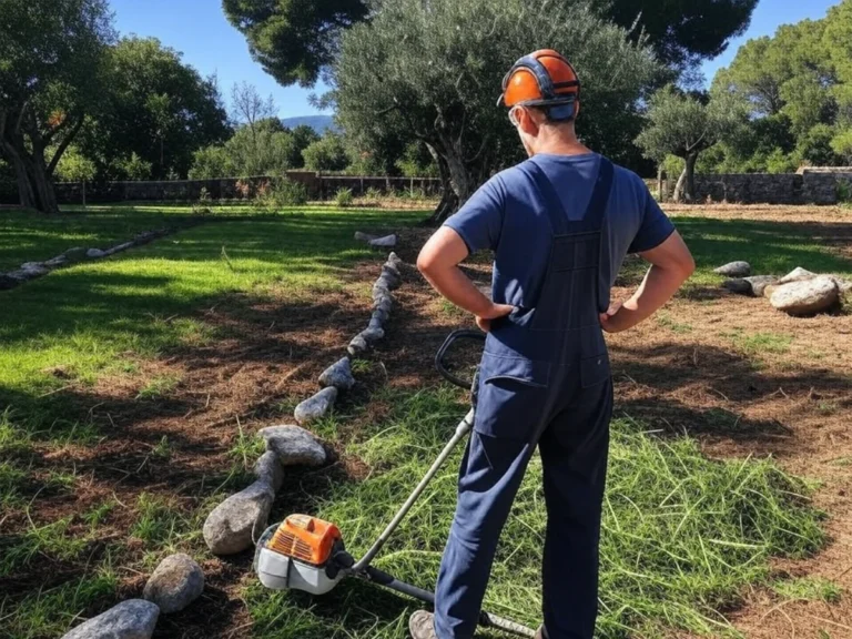 Artisan souriant, vu de dos, admirant son travail de débroussaillage dans un jardin à Aubagne - Service de débroussaillage par Artisan du Paysage Aubagne (13).