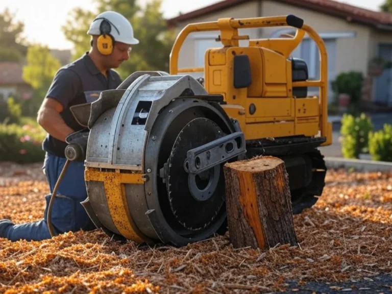 Un professionnel équipé d'un casque de sécurité blanc et d'un casque anti-bruit jaune utilise une machine jaune pour le dessouchage et rognage de souche à Aubagne - Artisan du Paysage Aubagne (13)