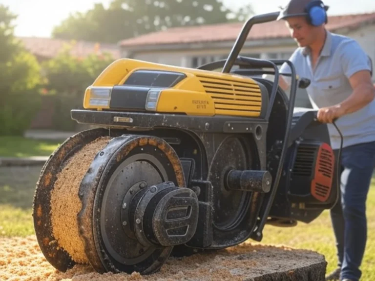 Un professionnel équipé d'un casque bleu et d'un casque anti-bruit jaune manie une machine jaune de dessouchage et rognage de souche à Aubagne - Artisan du Paysage Aubagne (13)