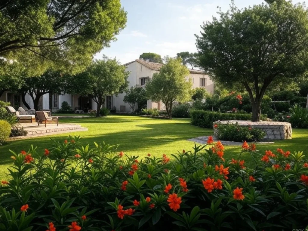 Un jardin privé soigné avec des fleurs colorées et une maison visible au loin à Aubagne - Artisan du Paysage Aubagne (13)