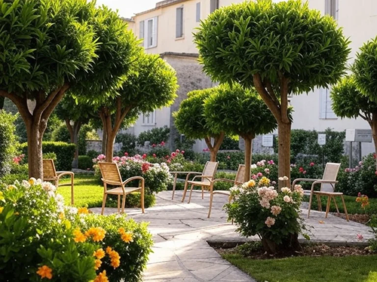 Un jardin bien entretenu avec des arbres en santé, des chaises confortables, une allée fleurie et une maison visible au loin à Aubagne - Artisan du Paysage Aubagne (13)
