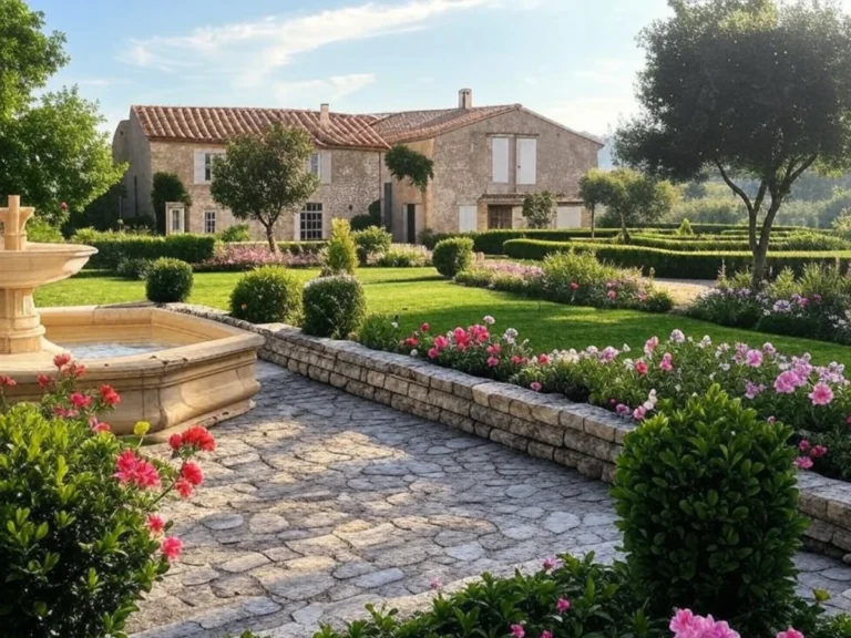 Un jardin privé bien entretenu avec une fontaine, une allée soignée, une tonte impeccable et une maison visible au loin à Aubagne - Artisan du Paysage Aubagne (13)