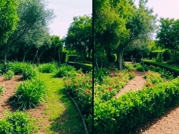 Allée de jardin avec haies fleuries – Avant/Après