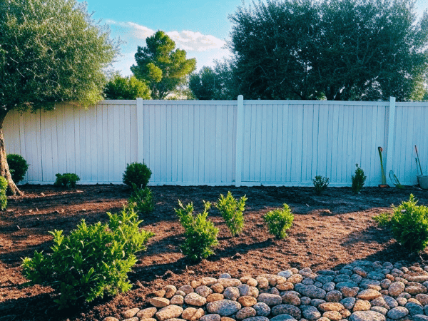 Jardin paysager avec haies et clôture blanche