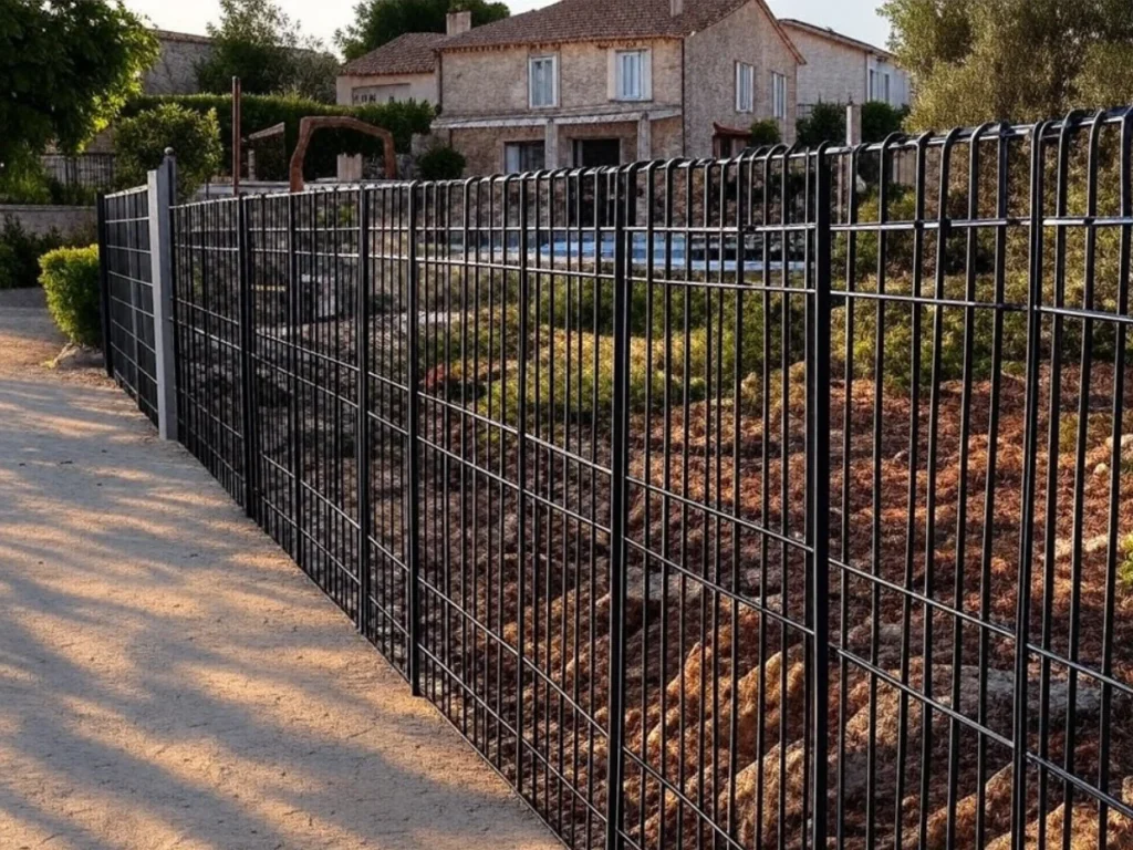 Clôture en grillage rigide noir, résultat de notre service de pose de clôture, installée devant une maison typique de la région d'Aubagne - Artisan du Paysage Aubagne (13)