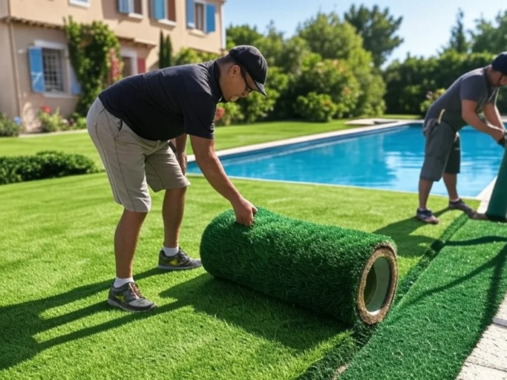 Deux hommes installent du gazon dans un jardin à Aubagne - Artisan Paysagiste Aubagne (13)
