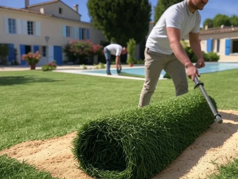 Équipe professionnelle en cours de pose de gazon synthétique autour d'une piscine, avec une maison en arrière-plan, à Aubagne - Artisan du Paysage Aubagne (13)