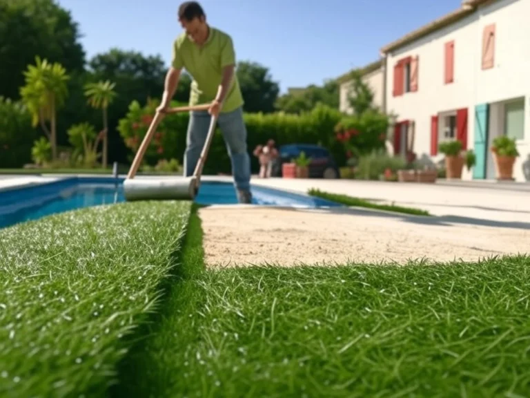 Un artisan en casquette pose du gazon naturel autour d'une piscine, avec une maison en arrière-plan, illustrant notre service de pose de gazon - Artisan du Paysage Aubagne (13)