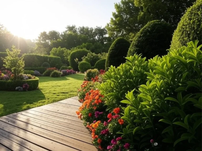 Un beau jardin à Aubagne avec des haies bien taillées, des fleurs éclatantes, des arbres en parfaite santé, une allée en bois et un lever de soleil – Tarifs et prix paysagiste à Aubagne – Artisan du Paysage Aubagne (13)
