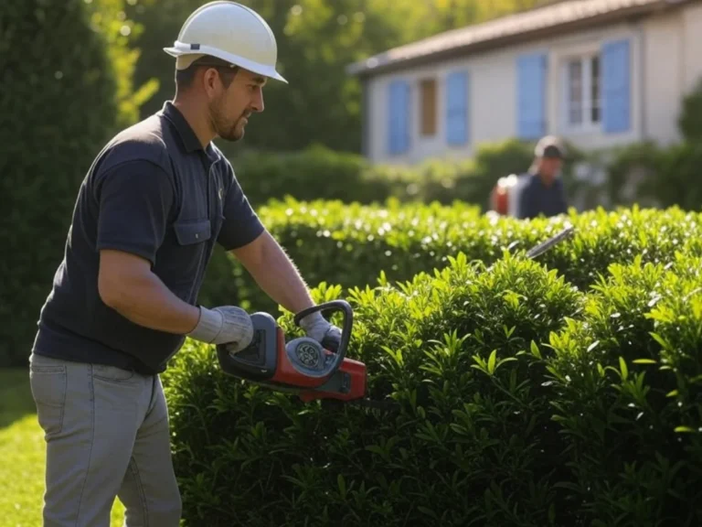 Deux artisans taillant des haies dans un jardin privé à Aubagne - Artisan du Paysage Aubagne (13)